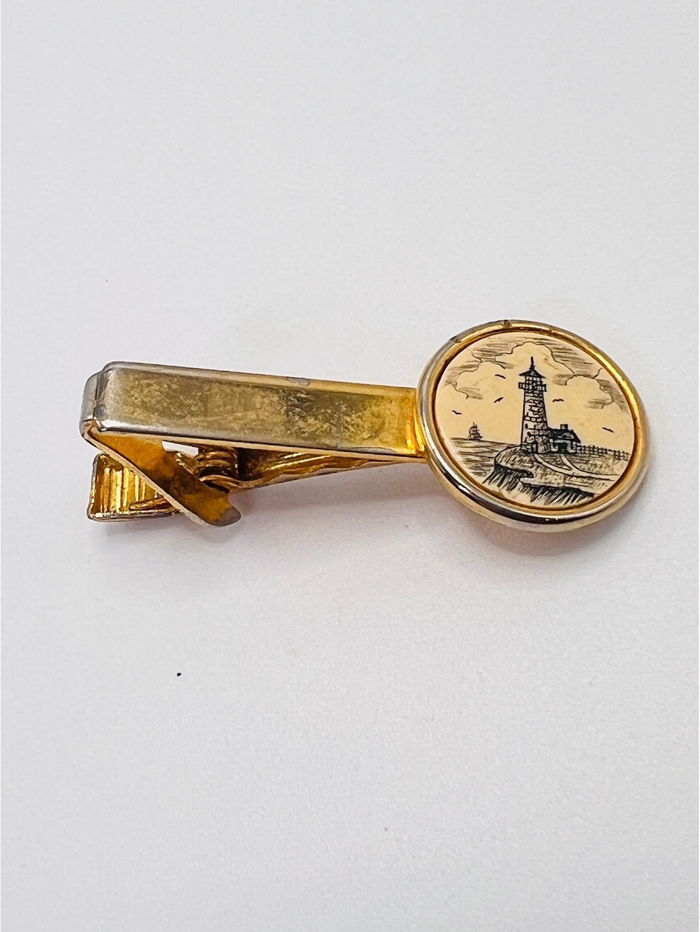 Vintage Barlow Lighthouse Scrimshaw Style Gold Tone Tie Clip 1.75” Nautical